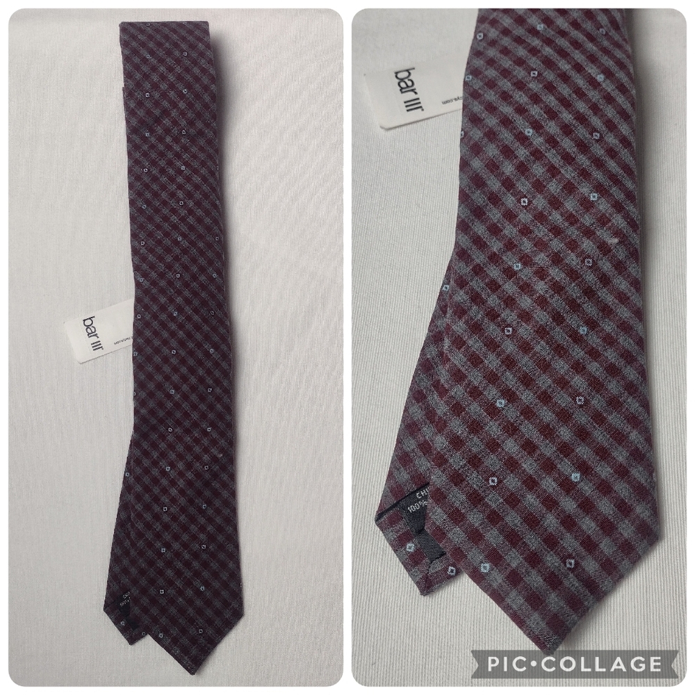 Bar III Wine and Grey Diamond Gingham Cotton Skinny Tie NWT